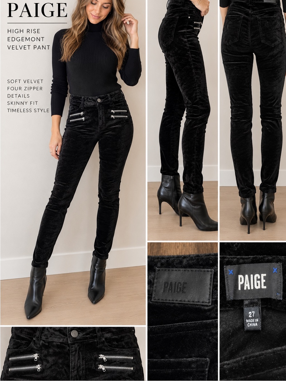 PAIGE High Rise Edgemont Black Velvet Skinny Pants Zip Moto Size 27